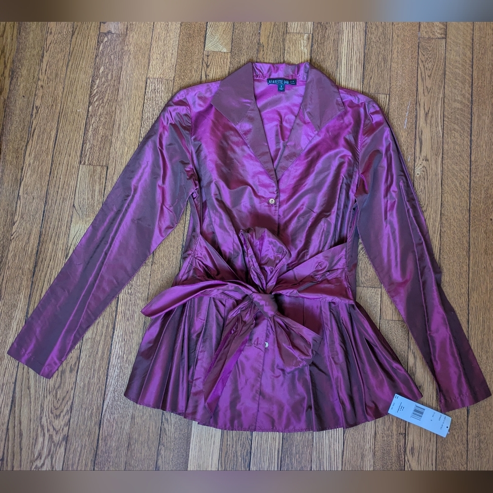 NWT 90s Lafayette 148 $398 Sz 8 Purple Plum Metallic Iridescent 100% Silk Blouse